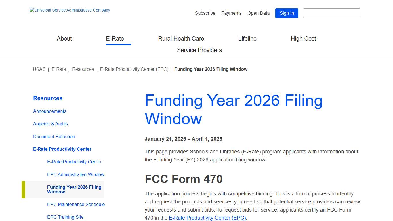 Funding Year 2026 Filing Window - Universal Service Administrative Company